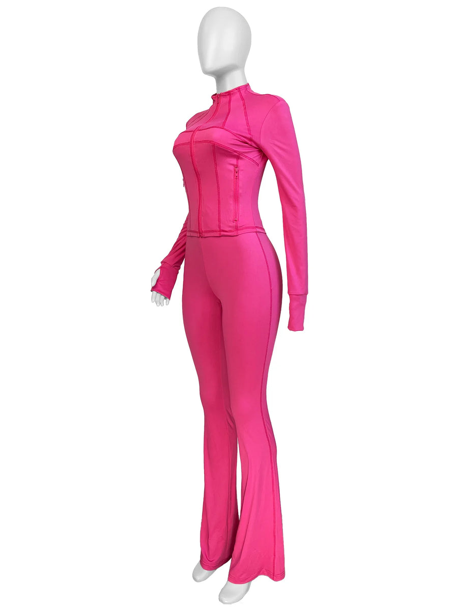 Joskaa Zip Up Long Sleeve Flare Two Piece Set - two piece set image 3