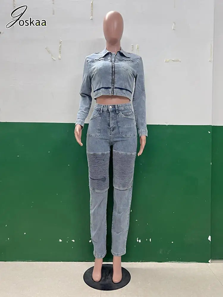 Women's Denim Long Sleeve Crop Two Piece Set Washed Blue – Back View