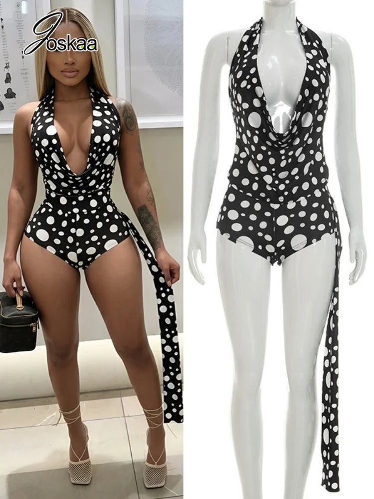 Women's Polka Dot Backless Halter Two Piece Set White – Front View