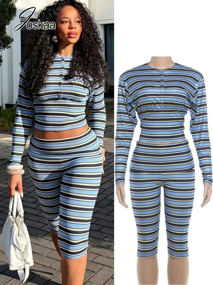 Women's Striped Long Sleeve Two Piece Set - Women's Fashion Wholesale - Front View