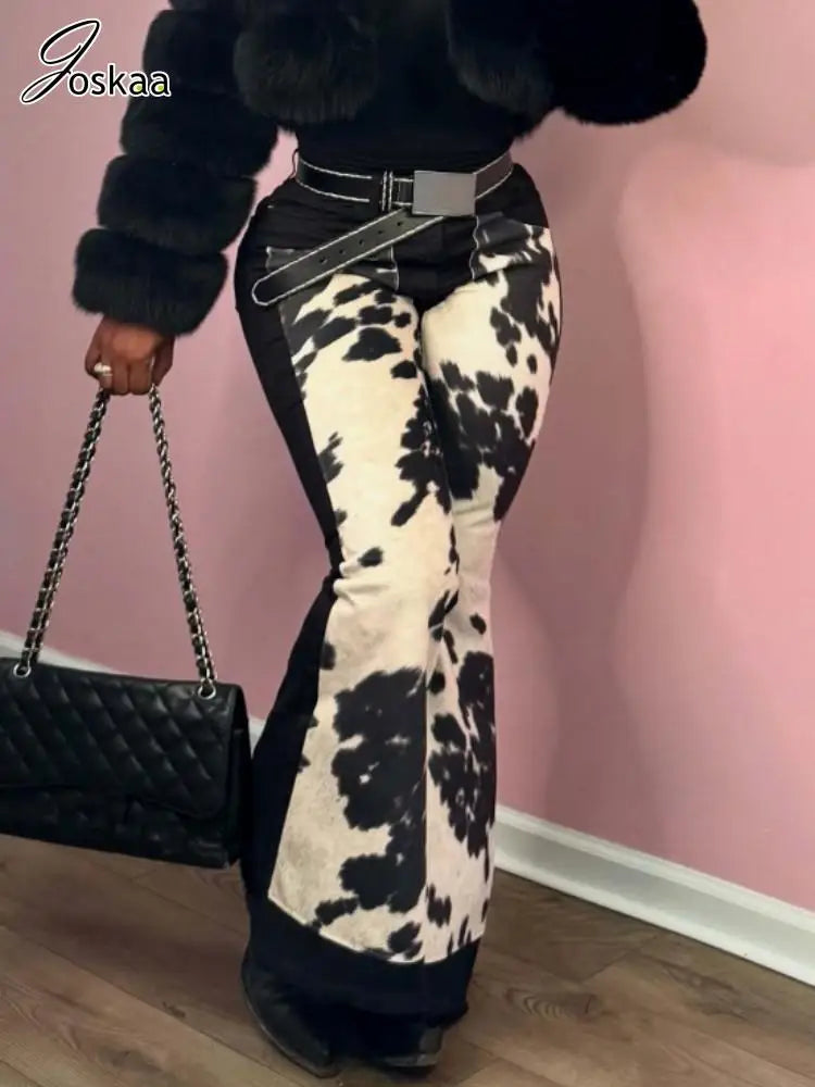Women's Leopard Print Denim Flare Wide Leg Pants Black – Side View