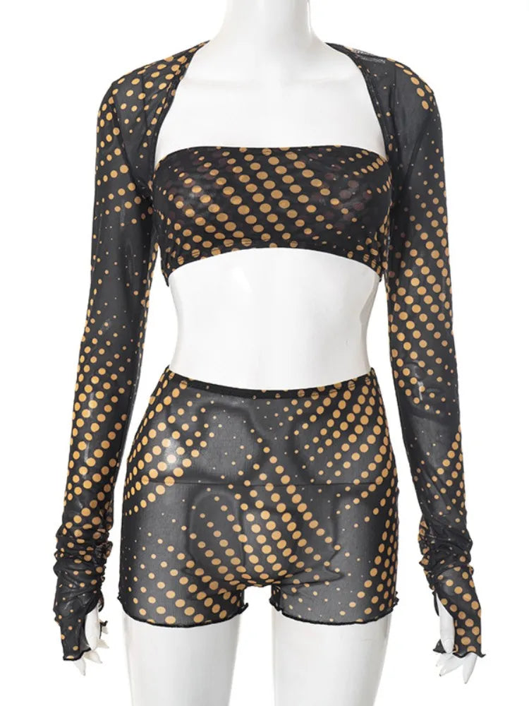 Women's Polka Dot Mesh Strapless Two Piece Set