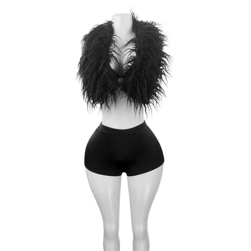 Women's Satin Halter Feather for Solid Two Piece Set