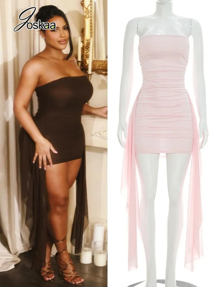 Women's Mesh Ruched Backless Strapless Mini Dress – Women's Fashion Wholesale – Front View