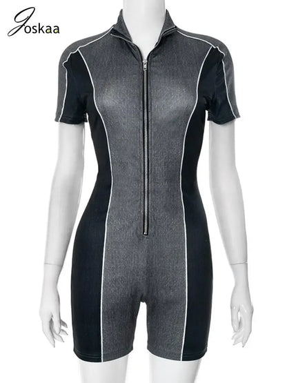 Wholesale Women's Short Sleeve Bodycon Zip Romper Blue – Back View