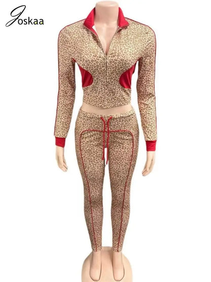 Women's Leopard Print Long Sleeve Two Piece Set Khaki – Detail View