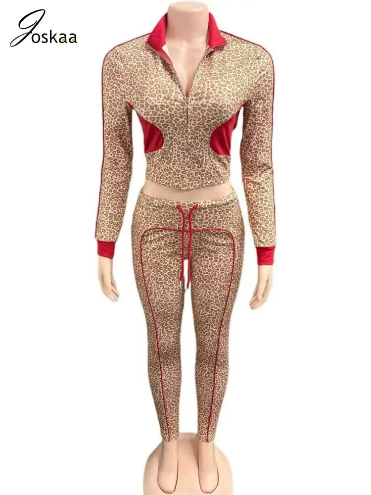 Women's Leopard Print Long Sleeve Two Piece Set Khaki – Detail View