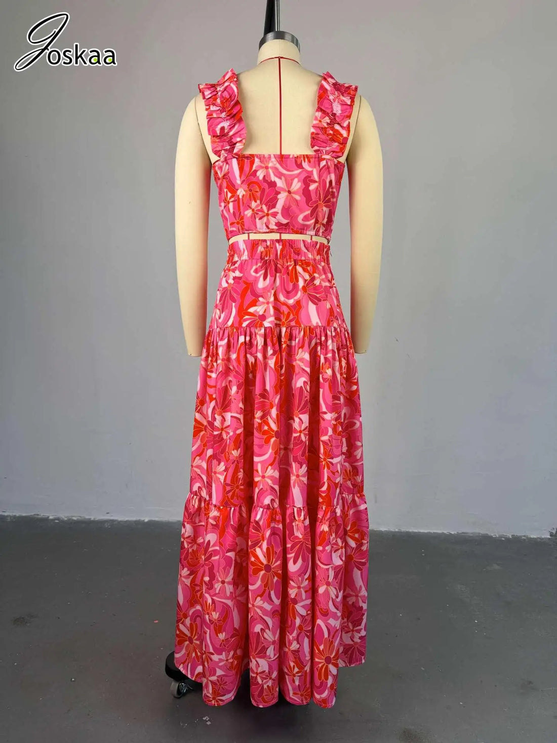 Women's Floral Print Crop High Waist Two Piece Set Red – Back View