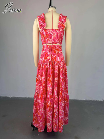Women's Floral Print Crop High Waist Two Piece Set Red – Back View