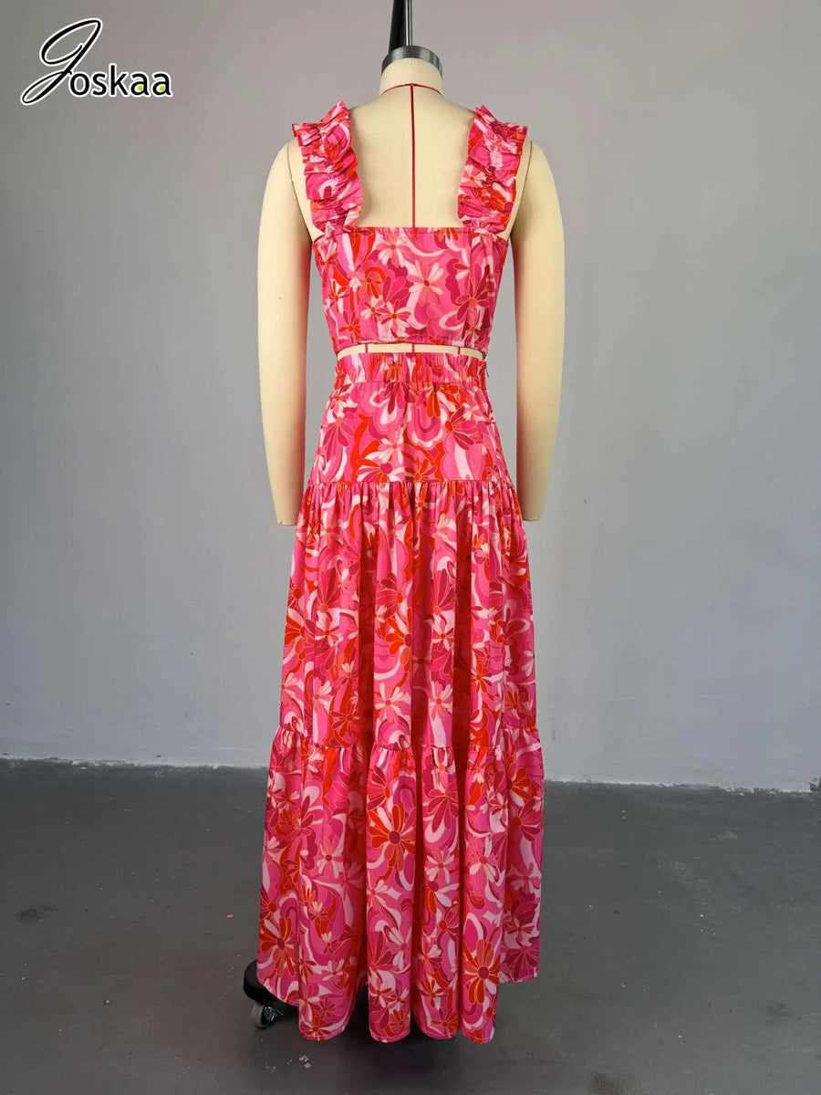 Women's Floral Print Crop High Waist Two Piece Set Red – Back View