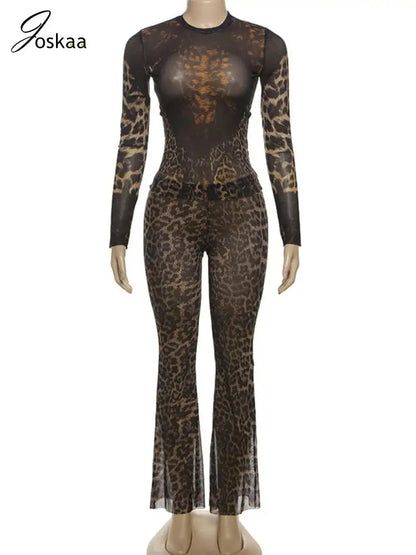 Women's Leopard Print Long Sleeve Two Piece Set Leopard Print – Back View