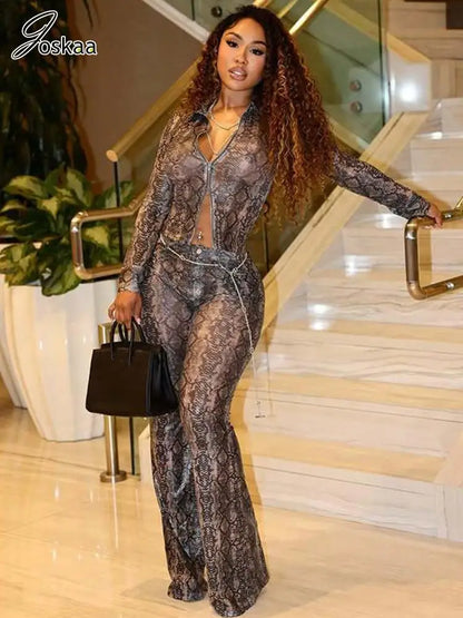Women's Snake Print Mesh Long Sleeve Two Piece Set Black – Front View