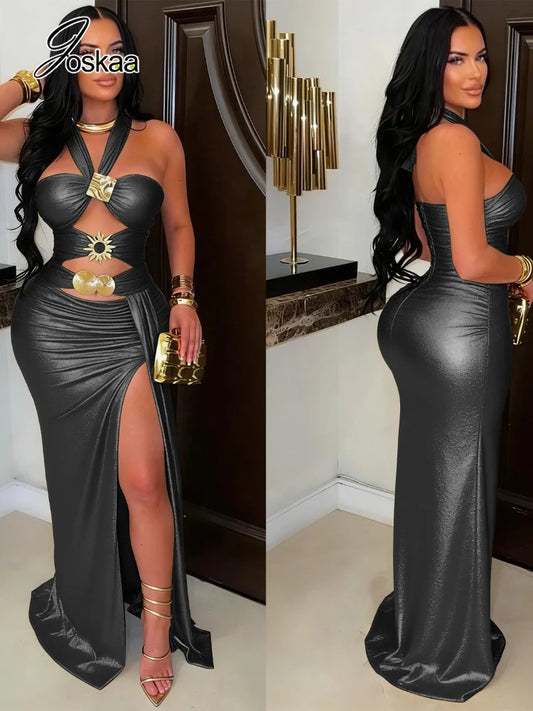 Women's Ruched Cutout Halter Bodycon Maxi Dress - Detail View 1