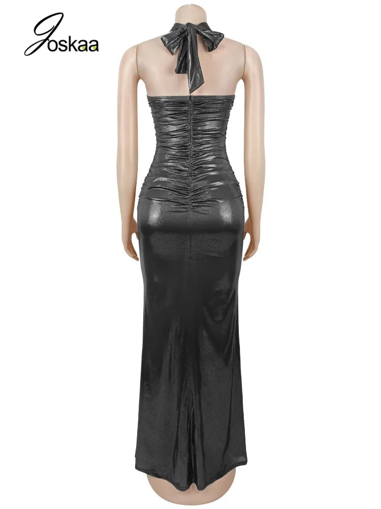 Women's Ruched Cutout Halter Bodycon Maxi Dress - Detail View 4