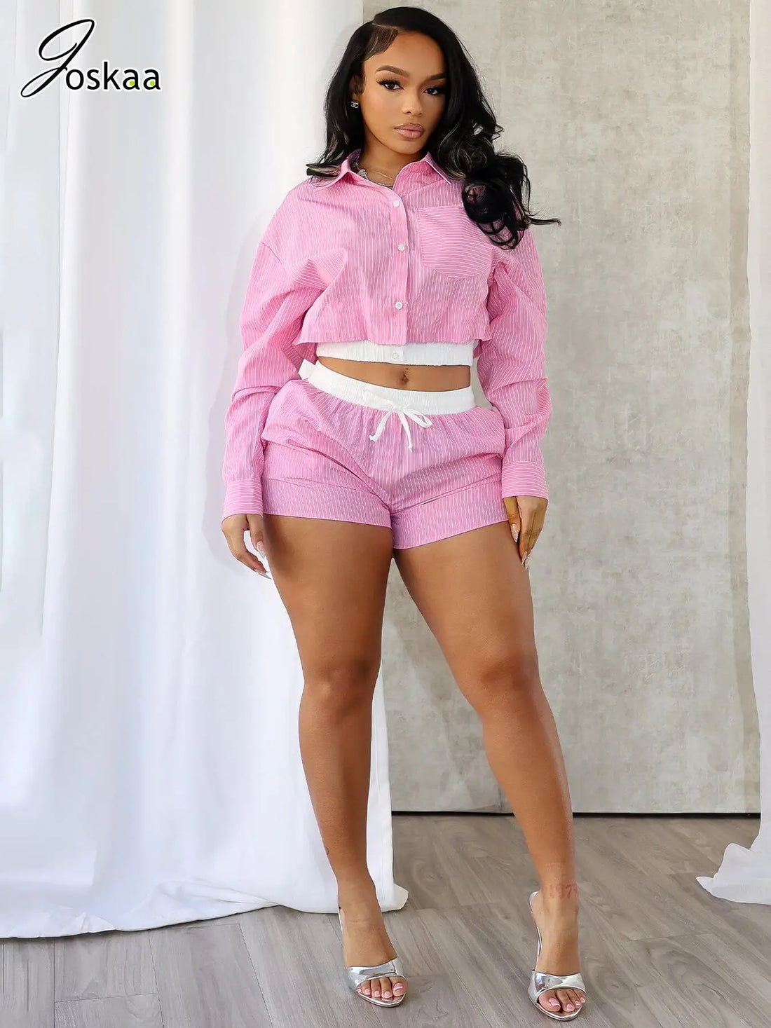 Women's Stripe Long Sleeve Two Piece Set – Women's Fashion Wholesale – Front View