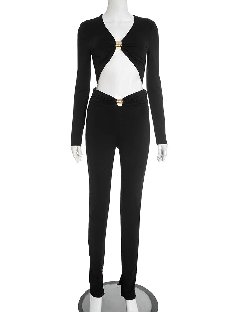 Joskaa Ruched Long Sleeve Crop High Waist Two Piece Set - two piece set image 2