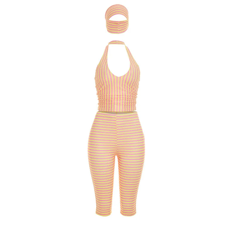 Women's Striped Backless Halter High Waist Two Piece Set - Additional View 7