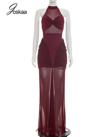 Wholesale Women's Mesh Ruched Bodycon Maxi Dress Wine Red – Back View
