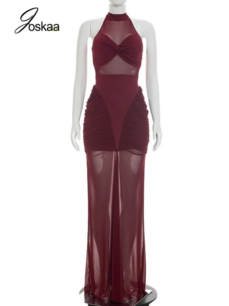 Wholesale Women's Mesh Ruched Bodycon Maxi Dress Wine Red – Back View