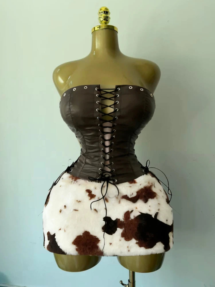 Women's Faux Leather Crop Mini Two Piece Set – Women's Fashion Wholesale – Front View