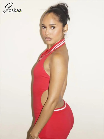 Women's Stripe Backless Halter Sleeveless Romper Black – Side View
