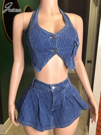 Women's Denim Halter Stretch Irregular Tank Two Piece Set Dark Blue – Detail View