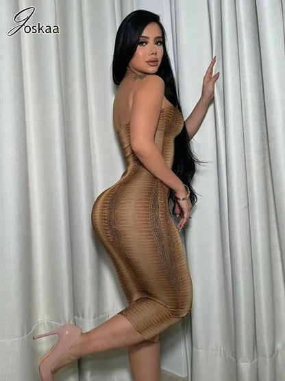 Women's Snake Print Backless Strapless Bodycon Dress Brown – Front View