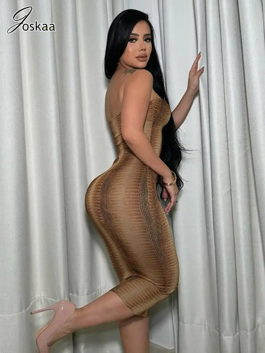 Women's Snake Print Backless Strapless Bodycon Dress Brown – Front View