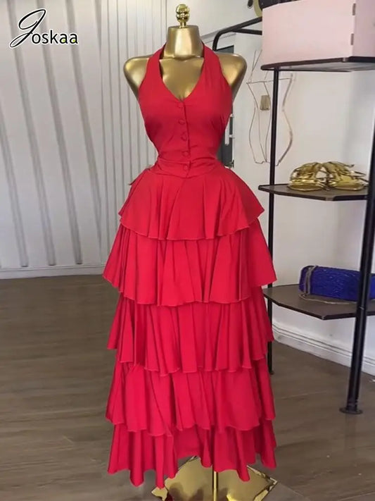 Wholesale Women's Halter Pleated Two Piece Set Red – Front View