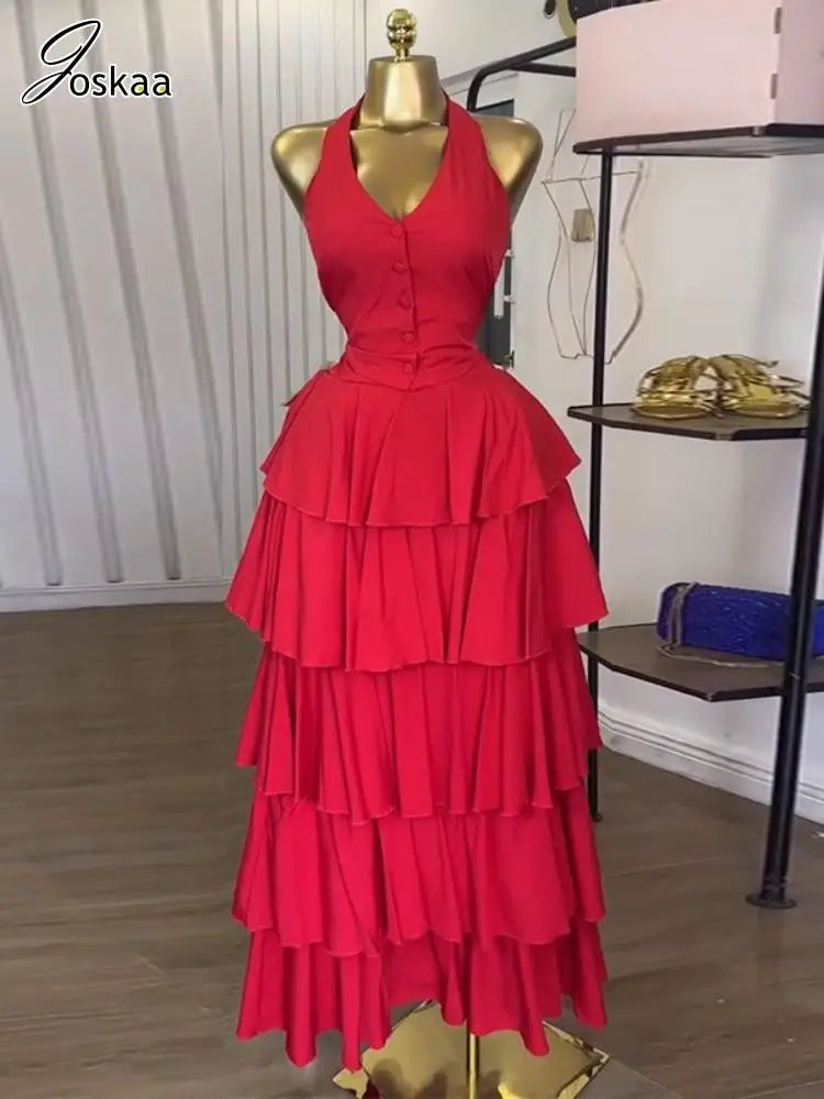 Wholesale Women's Halter Pleated Two Piece Set Red – Front View