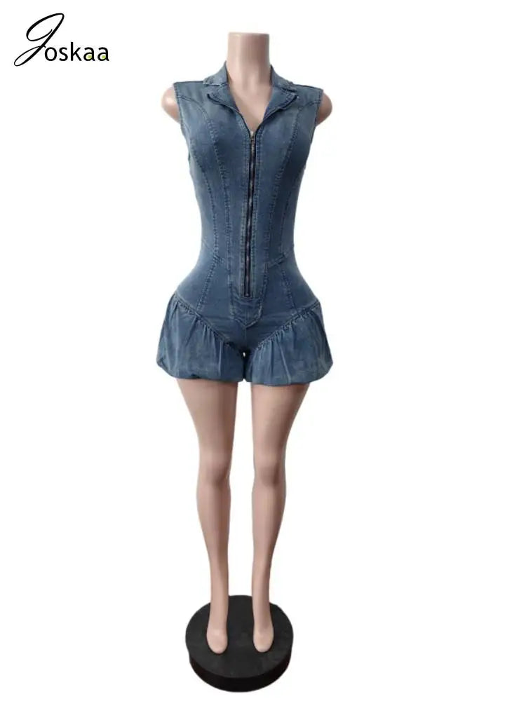 Women's Denim Sleeveless Bodycon Zip Romper Light Blue – Detail View