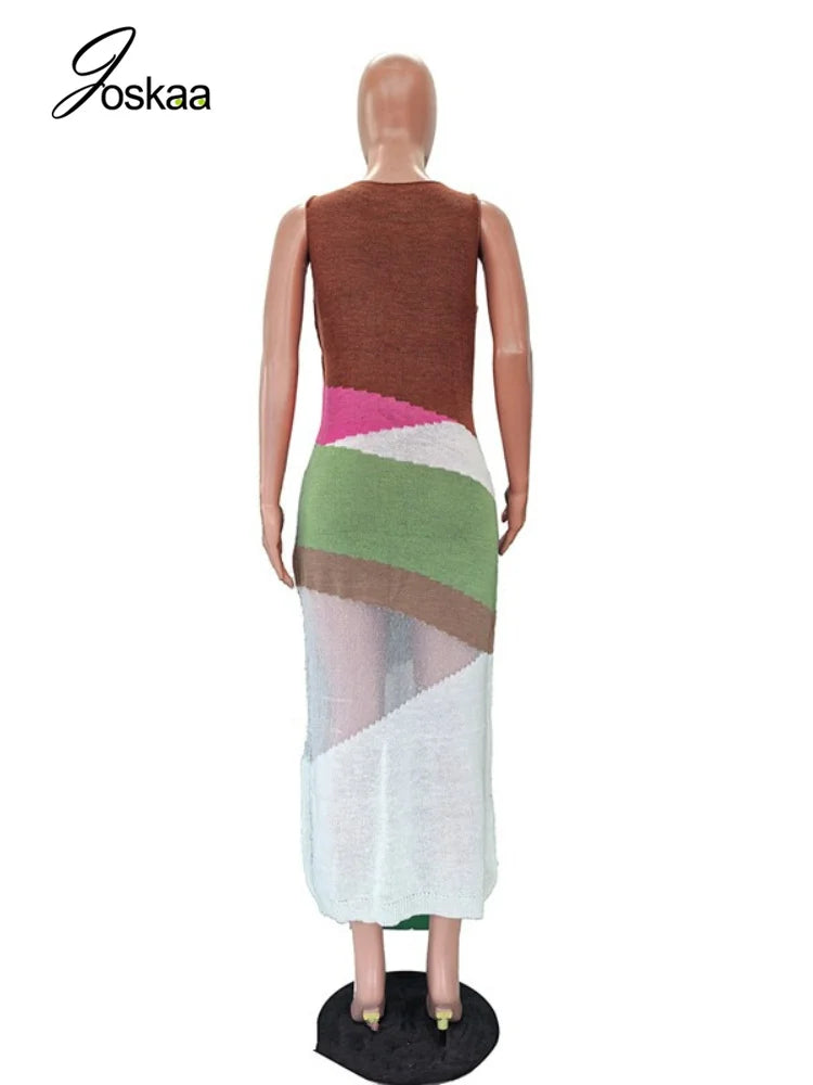 Women's Ribbed Knit Sleeveless Bodycon Maxi Dress - Model Wearing Style