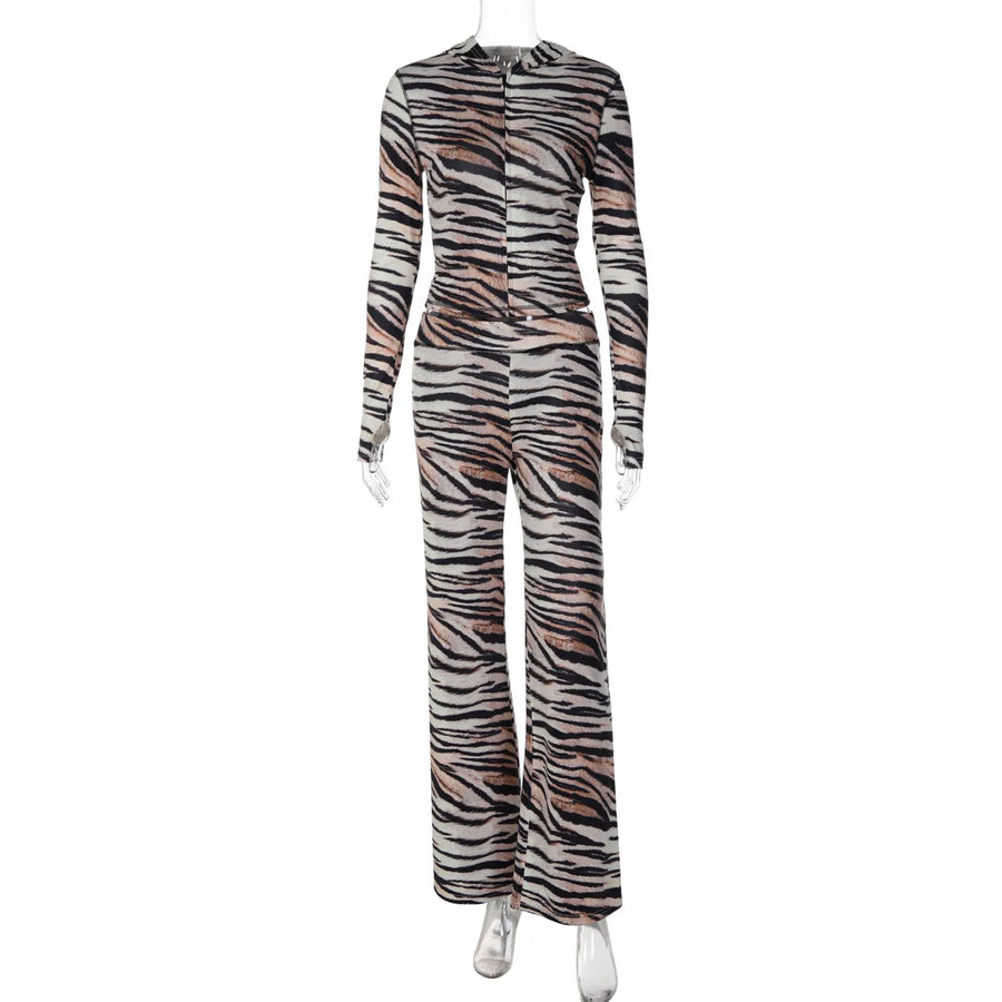 Women's Zebra Print Zip Up Long Sleeve High Waist Two Piece Set 0973 - Additional View 7