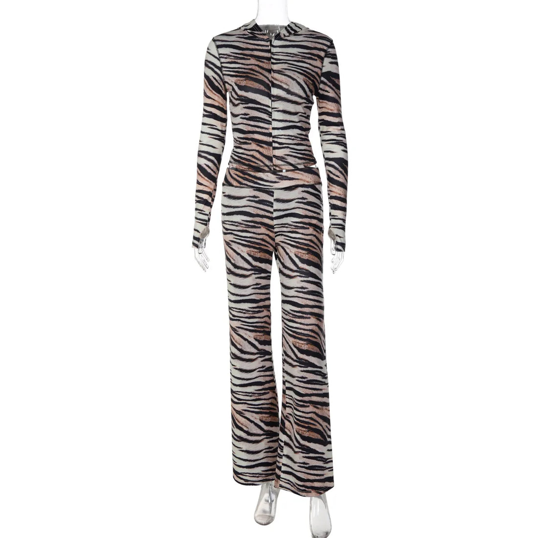 Women's Zebra Print Zip Up Long Sleeve High Waist Two Piece Set - Additional View 7