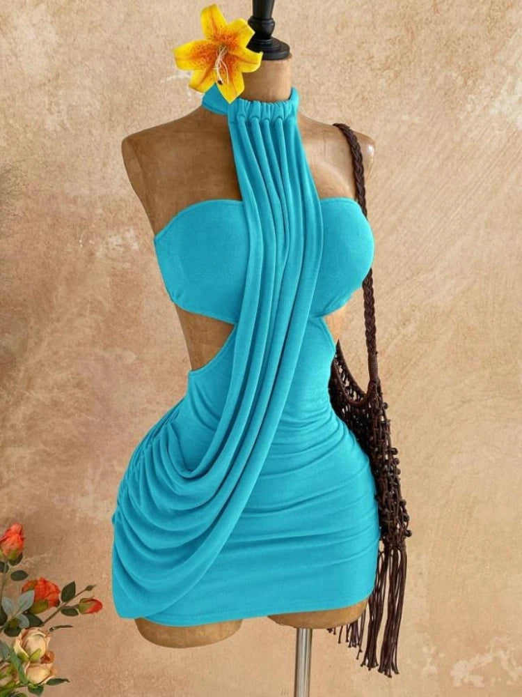 Joskaa Sexy Backless Irregular Halter Neck Mini Dress Women Asymmetrical Hem Bandage Wrap Design Slim Fit Dresses Party Clubwear