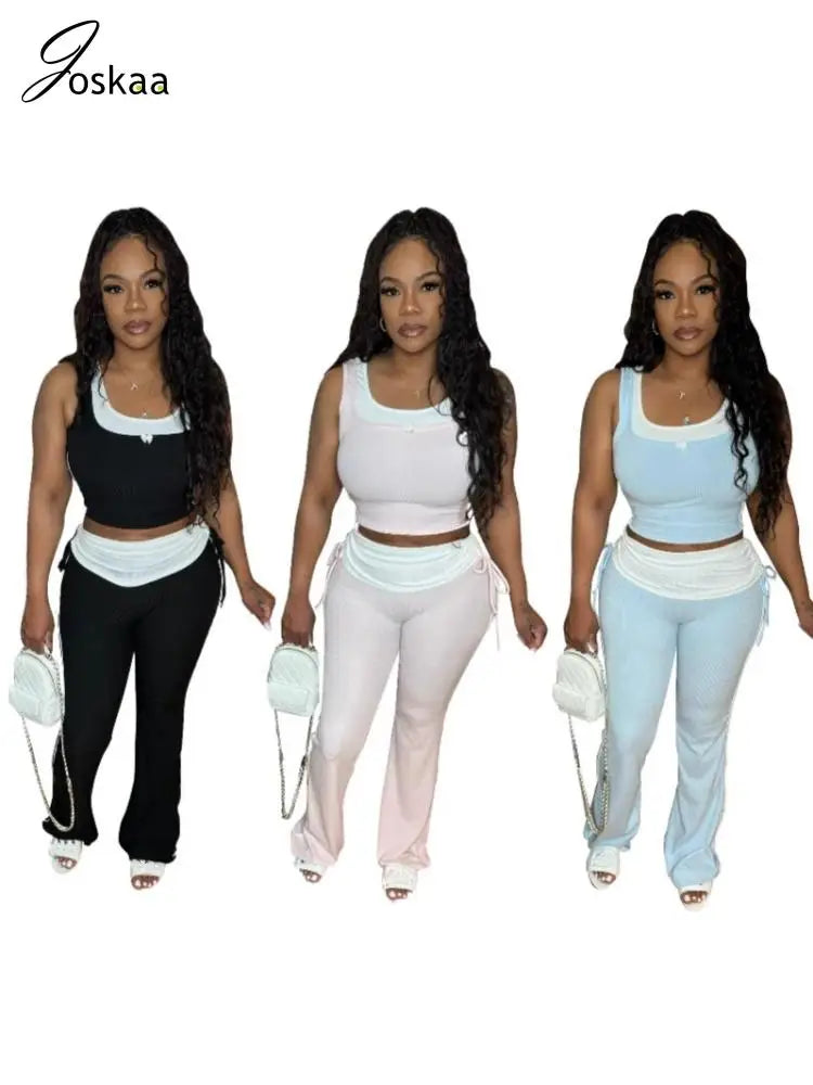 Women's Knit Crop Flare Ribbed Two Piece Set – Women's Fashion Wholesale – Front View