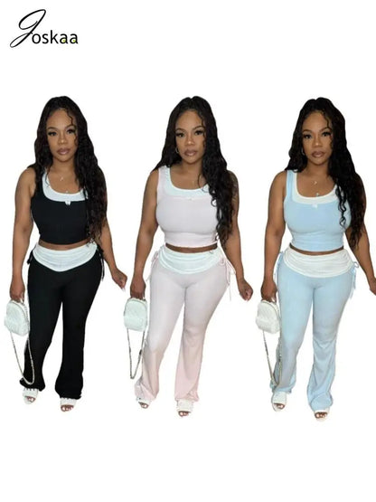 Women's Knit Crop Flare Ribbed Two Piece Set – Women's Fashion Wholesale – Front View