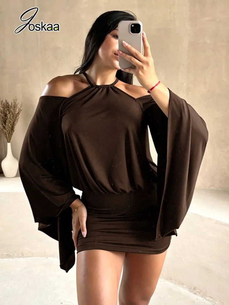 Women's Ruched Backless Halter Long Sleeve Mini Dress - Front View