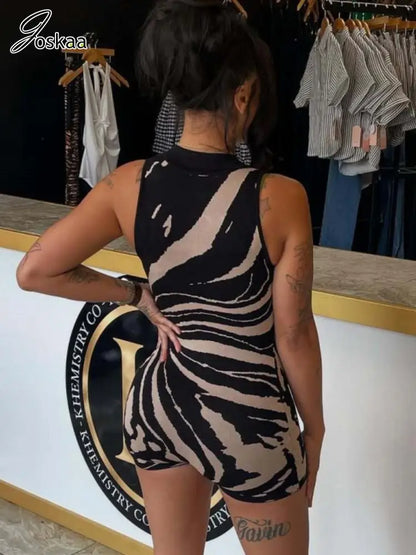 Women's Stripe Sleeveless Bodycon Romper Black Khaki – Front View