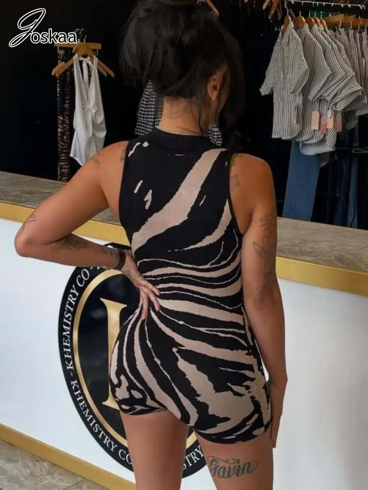 Women's Stripe Sleeveless Bodycon Romper Black Khaki – Front View