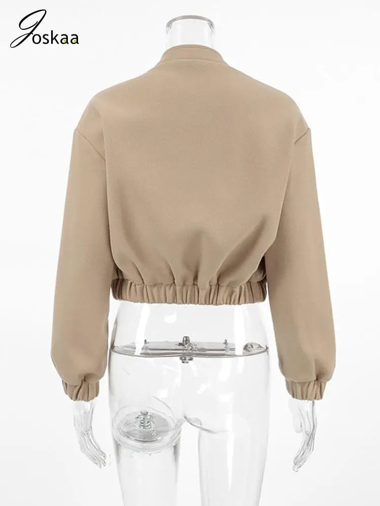 Women's Long Sleeve Bomber Warm Wool Jacket Khaki – Detail View