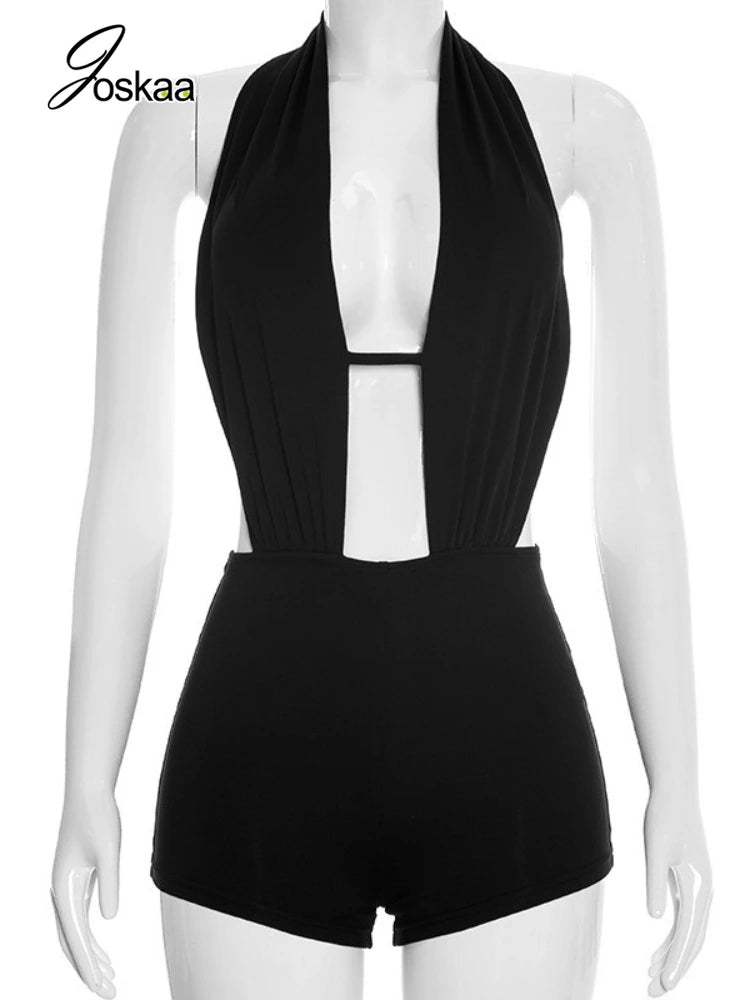 Women's Backless Halter Sleeveless Romper Black – Back View