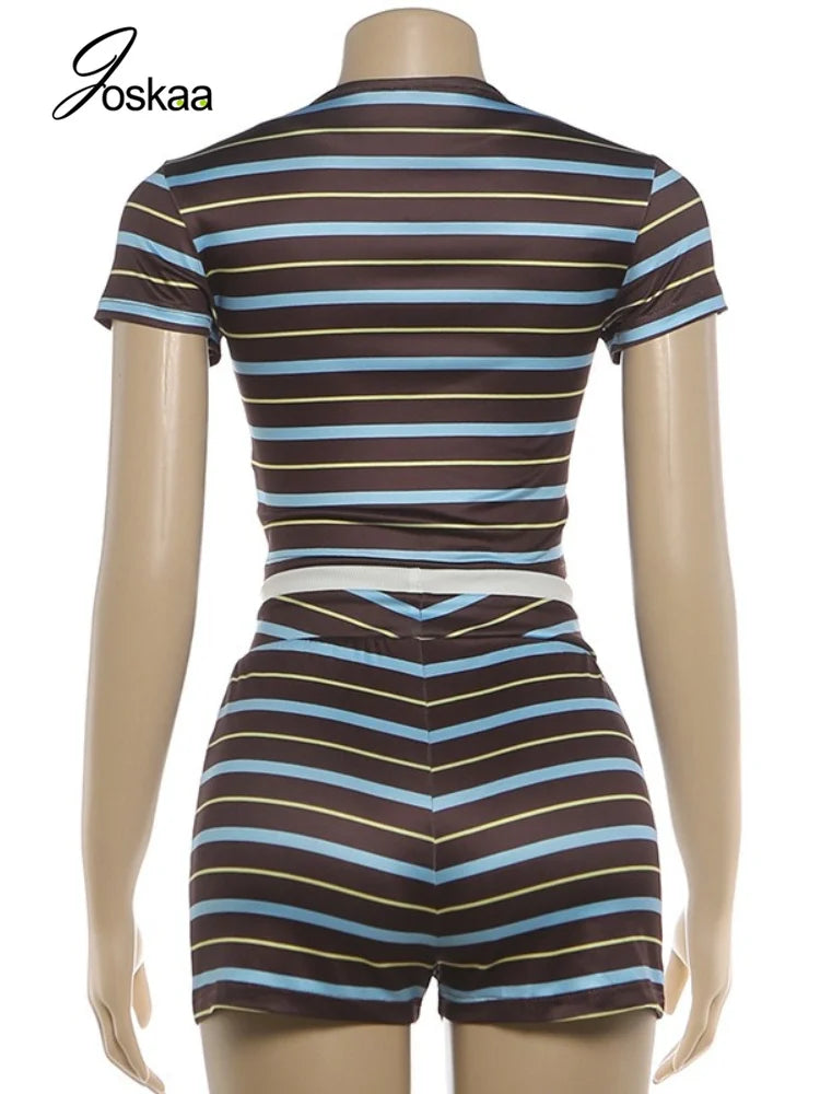 Women's Stripe Short Sleeve Crop Two Piece Set Coffee – Detail View