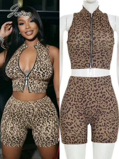 Women's Leopard Print Zip Up High Waist Two Piece Set - Women's Fashion Wholesale - Front View