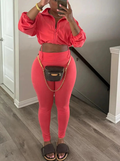 Joskaa Zip Up Long Sleeve Crop Two Piece Set - two piece set image 2