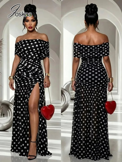 Women's Polka Dot Mesh Ruched Strapless Maxi Dress - Women's Fashion Wholesale - Front View