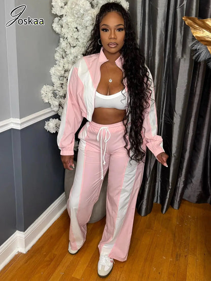 Women's Long Sleeve Crop Flare Two Piece Set Pink – Side View