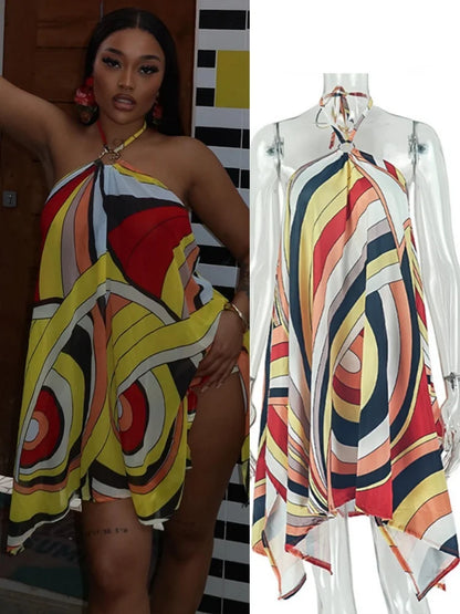 Women's Striped Backless Halter Mini Dress - Additional View 8