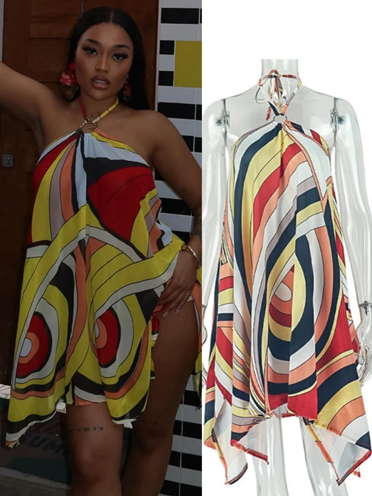 Women's Striped Backless Halter Mini Dress - Additional View 8