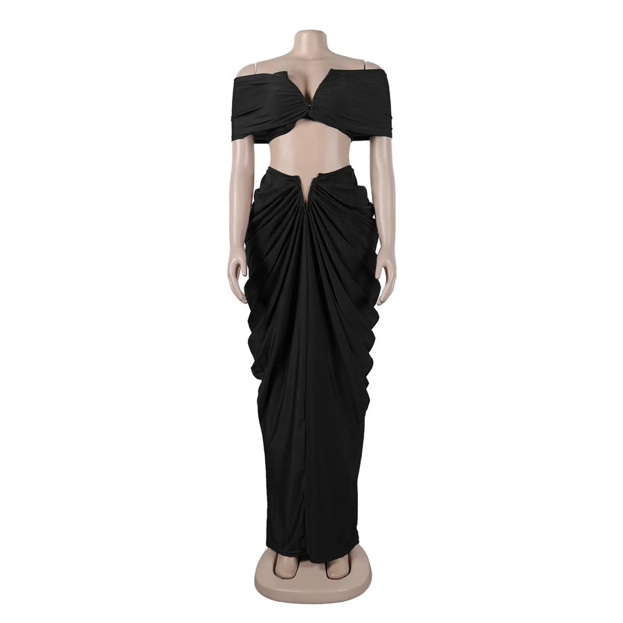 Women's Ruched Maxi Elegant Wrap Chest Two Piece Set